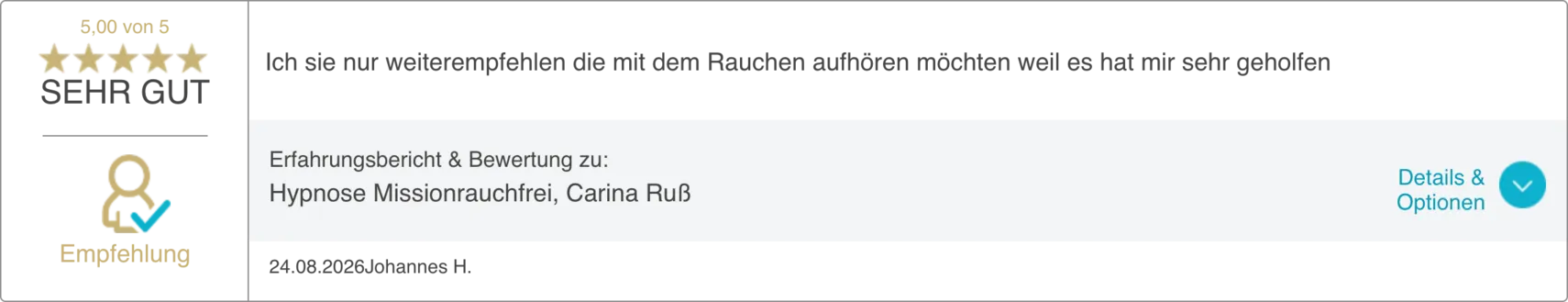 Bewertung 1 von 20 auf dem ProvenExpert-Profil von Carina Russ