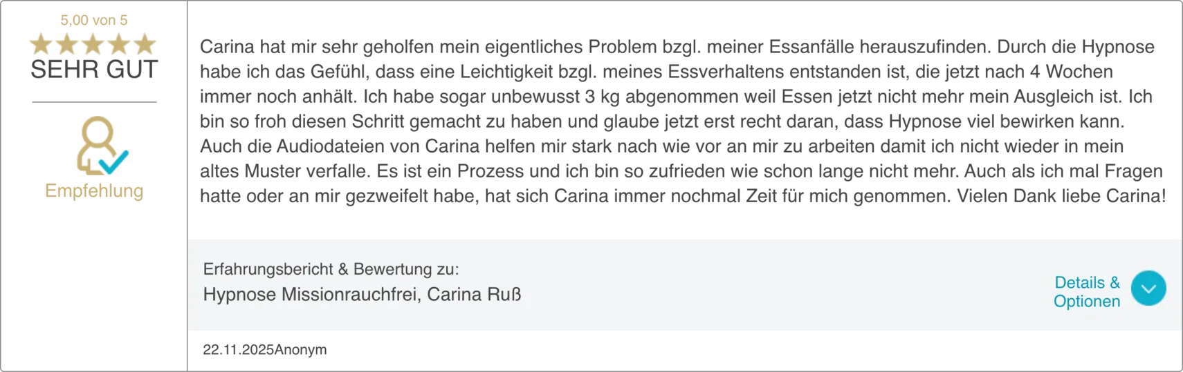 Bewertung 12 von 20 auf dem ProvenExpert-Profil von Carina Russ
