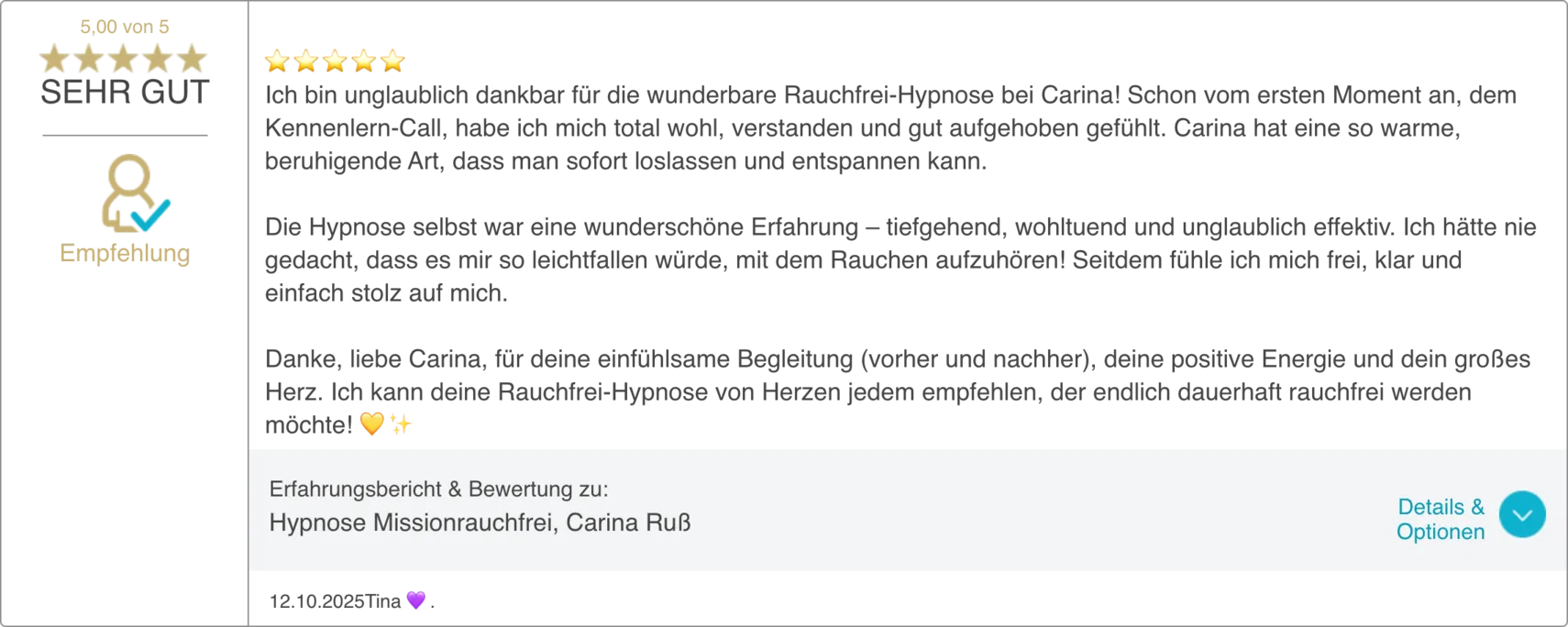 Bewertung 14 von 20 auf dem ProvenExpert-Profil von Carina Russ