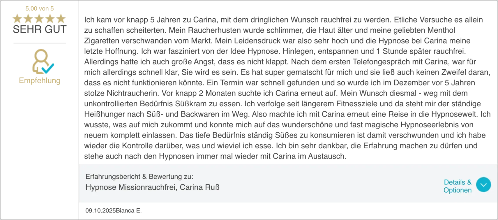 Bewertung 15 von 20 auf dem ProvenExpert-Profil von Carina Russ