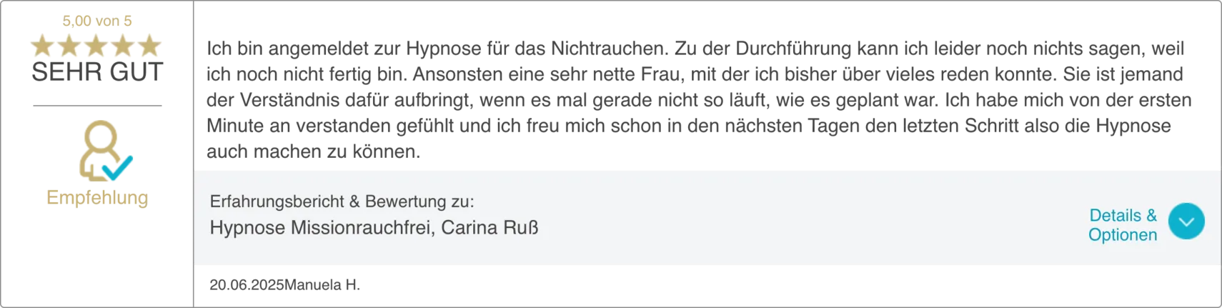 Bewertung 16 von 20 auf dem ProvenExpert-Profil von Carina Russ