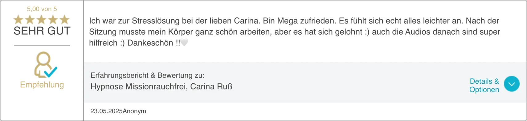 Bewertung 17 von 20 auf dem ProvenExpert-Profil von Carina Russ