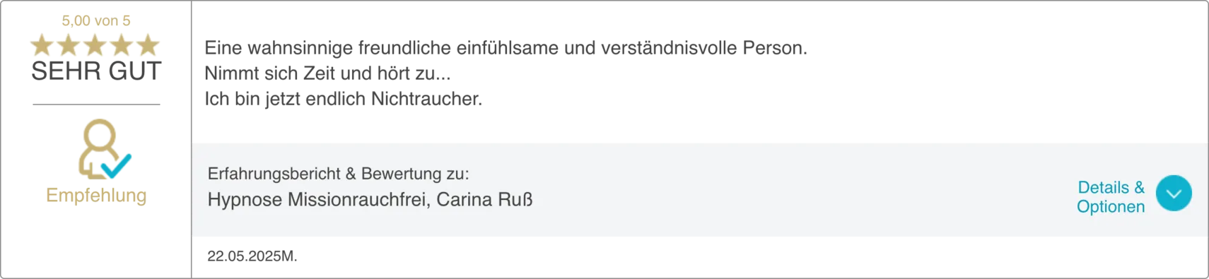 Bewertung 18 von 20 auf dem ProvenExpert-Profil von Carina Russ