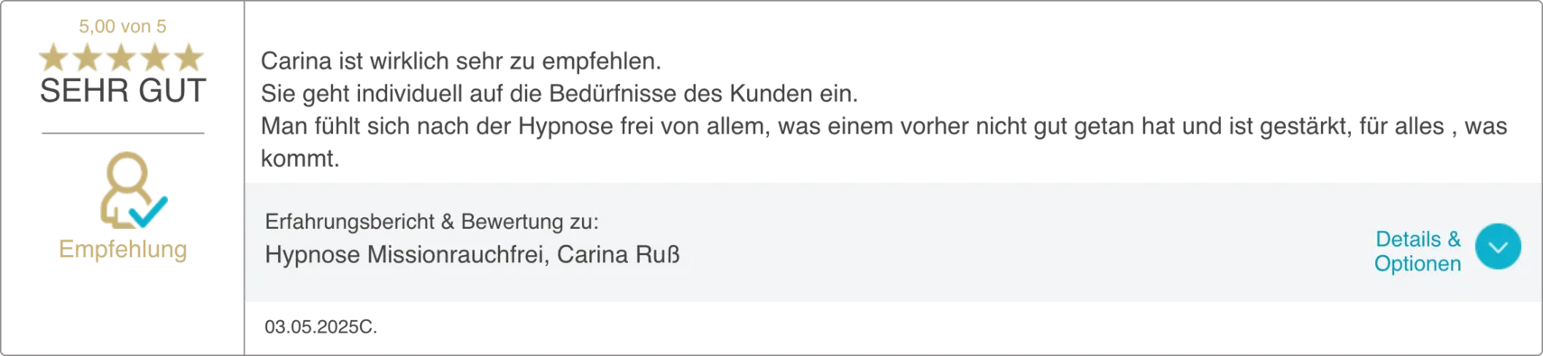 Bewertung 19 von 20 auf dem ProvenExpert-Profil von Carina Russ