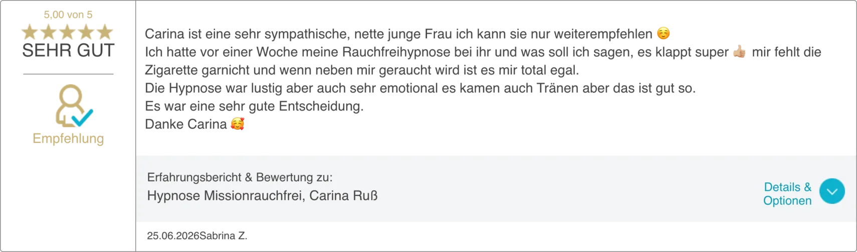 Bewertung 3 von 20 auf dem ProvenExpert-Profil von Carina Russ