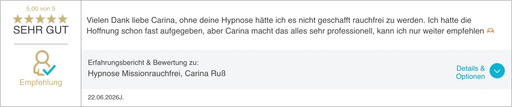 Bewertung 5 von 20 auf dem ProvenExpert-Profil von Carina Russ