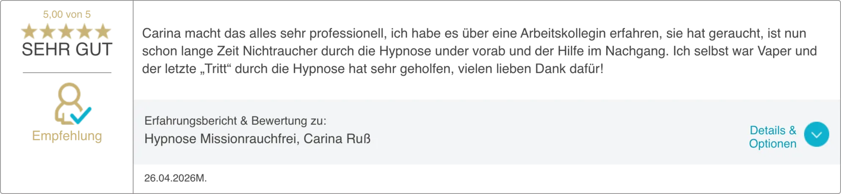Bewertung 8 von 20 auf dem ProvenExpert-Profil von Carina Russ